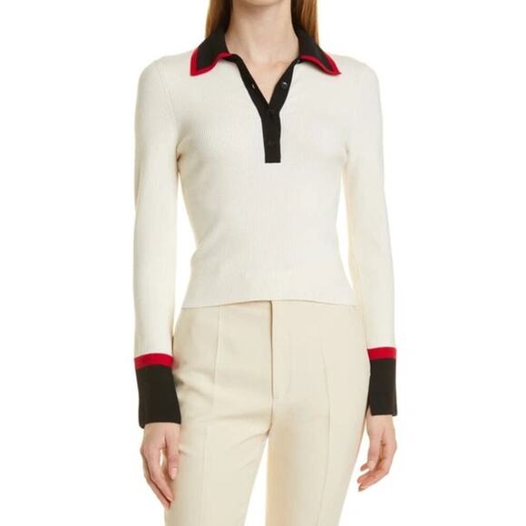 Alice + Olivia Pia Ribbed Knit Wool Blend Polo Sweater in Soft White Multi - Picture 1 of 7